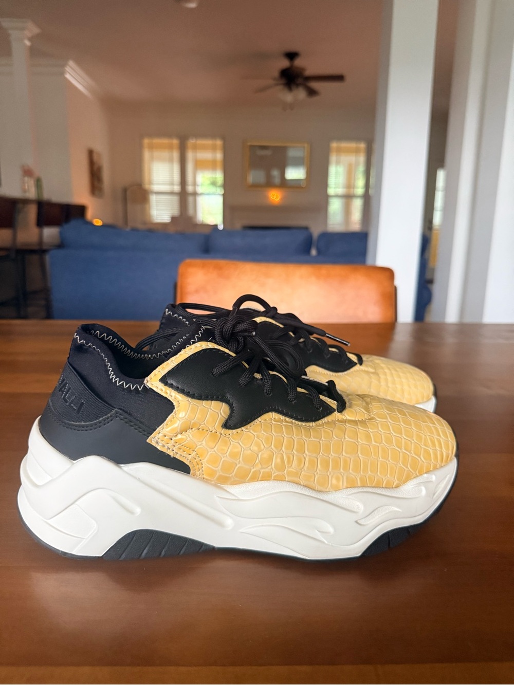 JUST CAVALLI Italian Women Yellow Black Platform Sneakers Snake Texture sz 8.5